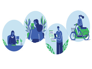 A set of flat vector illustrations depicting modern urban lifestyle and technology