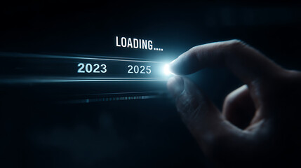 Finger touching glowing progress bar advancing from twenty three to twenty five loading future