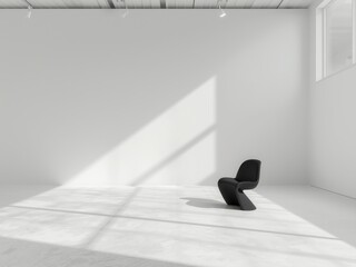 Minimalist interior with a single black chair casting a shadow in the sunlit room