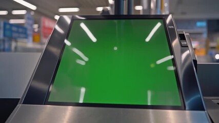 Close-up shot of a modern electronic screen with a blank green display, suitable for information or digital signage, emphasizing technology and design