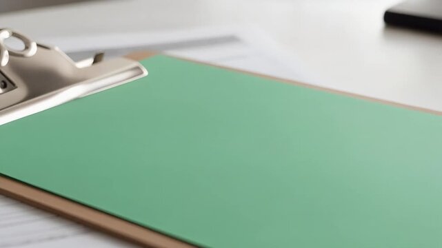 Blank green clipboard on a wooden table, ready for notes, documents, or a to-do list, offering space for business planning or creative tasks