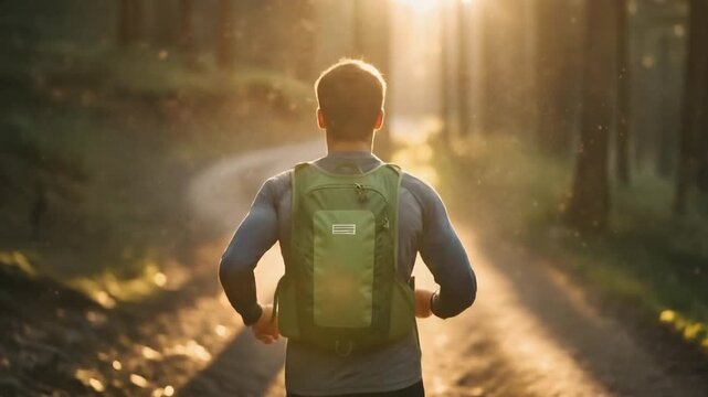 Man with backpack runs along a forest path on a sunny day. He is seen from the back, enjoying nature and outdoor activity, feeling energized