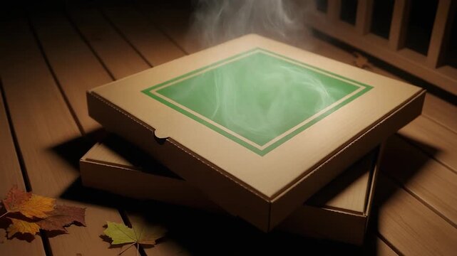 Warm Pizza Boxes Close-up of two pizza boxes, one stacked on the other, emanating steam, on a wooden surface with autumnal leaves scattered around