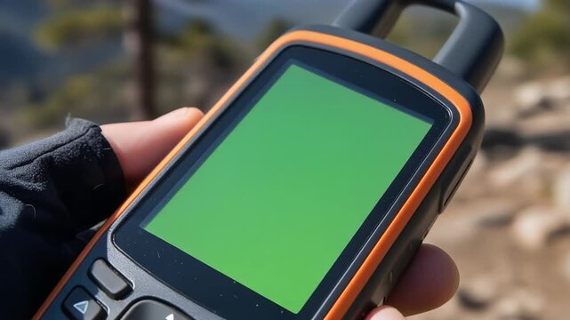 Close-up of a hand holding a handheld GPS device with a blank green screen, ready for navigation and outdoor adventure on a sunny day