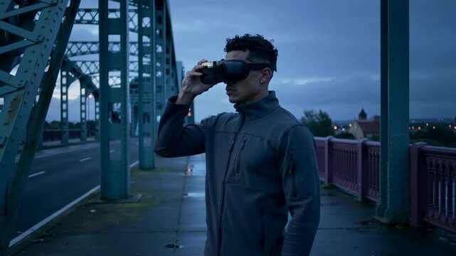 An individual wearing virtual reality goggles stands on a bridge at dusk, with a somber urban backdrop