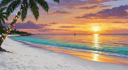 A tropical Christmas scene with a palm tree decorated with colorful lights on a white sandy beach, overlooking a vibrant sunset over turquoise waters.