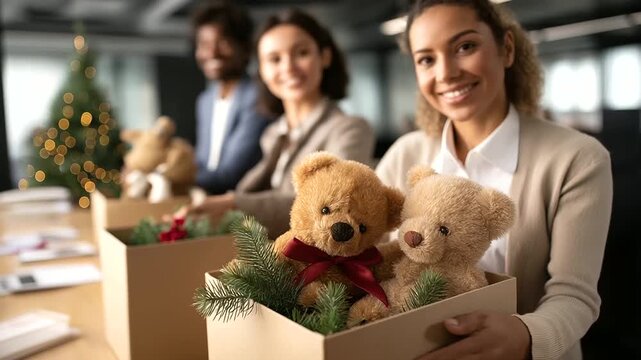 Organizers packing donated toys into festive boxes filled with love, attention, and compassion, with copy space