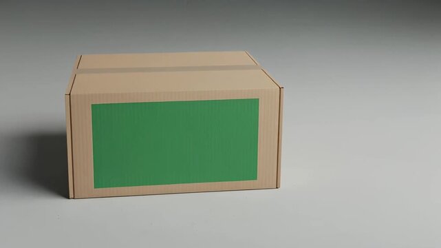 A plain cardboard shipping box with a large green label on its side, ready for branding or a product image in a studio setting