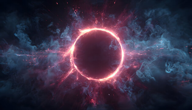 Sci-fi futuristic neon background space, light circle in the center, rays and lines, reflection, smoke.