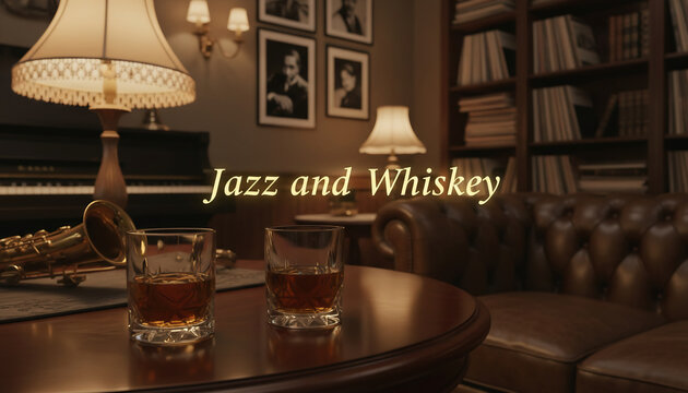 Warm jazz lounge scene with whiskey glasses on a wooden table, soft lamp lighting, leather sofa, bookshelves, piano, and saxophone creating an intimate vintage atmosphere.