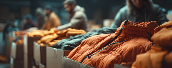 Brightly colored winter jackets are stacked in boxes ready for donation. Volunteers sort apparel for charity to provide warmth and comfort for people in need during cold weather.