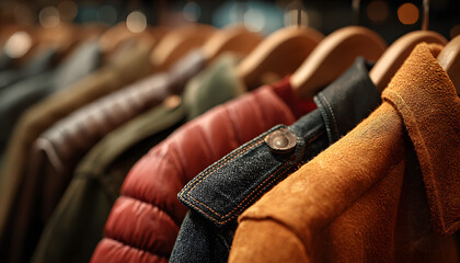 Diverse coats on hangers with warm textures, colors. Community support, winter preparedness, fashion, retail, shopping, clothes donation. Colorful jackets displayed in shop, retail store, market.