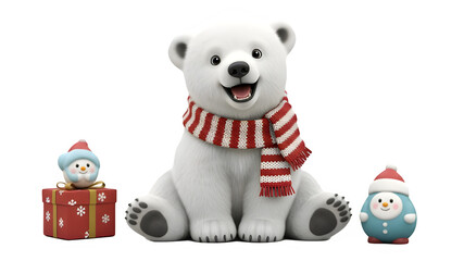 Cute Polar Bear Cub with Scarf, Gifts, and Snowman Ornaments