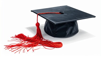 A traditional black graduation cap with red tassel, viewed at an angle on a flat surface.