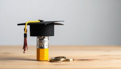 A yellow pencil lying horizontally on wood with a black graduation cap and yellow tassel placed on top.