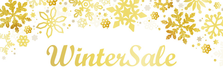 ゴールドの雪の結晶とWinterSale文字入り冬セールバナーデザイン | ベクター素材 バナー カード コピースペース