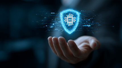 Hand holding glowing blue digital shield with A I chip image