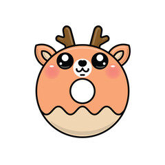 Cute reindeer donut cartoon character. Kawaii deer shaped like a sweet doughnut. Vector illustration of funny animal dessert isolated on white background.