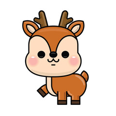 Cute little deer cartoon character walking. Kawaii brown reindeer vector illustration isolated on white background. Funny animal mascot.