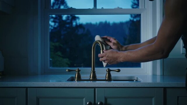 A person cleaning a kitchen faucet with a cloth against a serene twilight backdrop featuring trees