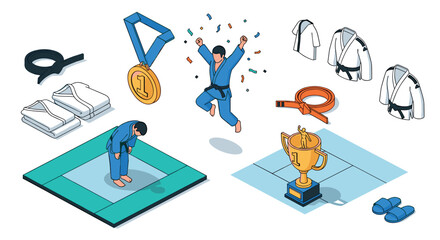 Judo victory celebration with medal and trophy for martial arts success