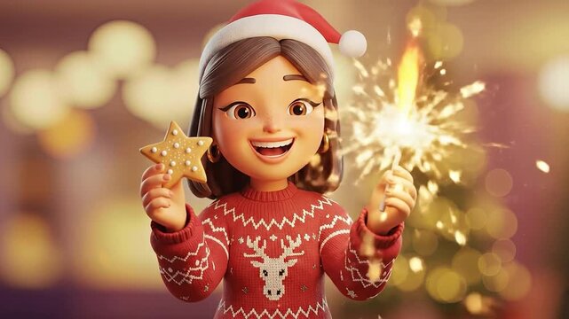 A christmas sweater santa hat sparkler gingerbread cookie holiday lights happy girl winter festive cozy warm glow joyful celebration cheerful spirit soft bokeh joyful woman smiles holding cookie