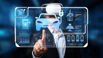 A professional interacts with a futuristic digital interface showcasing smart vehicle features and renewable energy management, highlighting innovation in automotive technology. Raster
