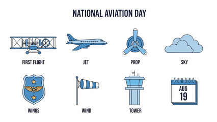 Eight blue and white icons related to aviation are displayed under a centered title