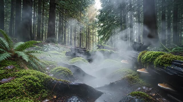 Cinematic slow motion shot of thick, mysterious fog rolling across the mossy floor of a dark temperate rainforest wet, rolling, humidity