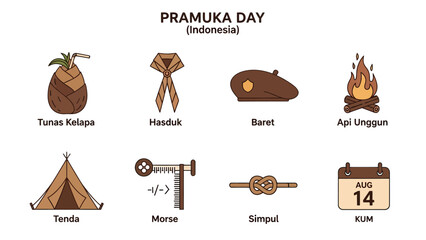 Eight Indonesian scouting symbols coconut sprout neckerchief beret campfire tent Morse knot and August 14th date