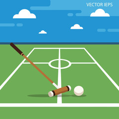 Polo Mallet and Ball on Field Illustration.