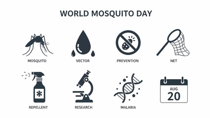 Icons for World Mosquito Day including mosquito vector prevention net repellent research malaria and August 20