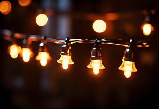 A string of warm glowing lights creating an ambient atmosphere against a dark, blurred background with bokeh effects, suitable for festive or celebratory themes. - Powered by Adobe