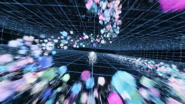 Complex geometric data flow tracing an unpredictable nonlinear path across a dark futuristic technological grid background network, seamless loop, pathway