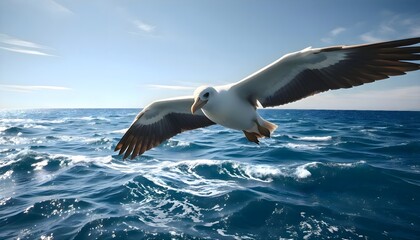 Large seagull flying over water in a natural outdoor environment showing detailed wings, dynamic motion, serene lighting, and scenic landscape with reflection