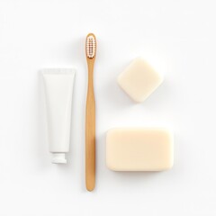 Flatlay of bamboo toothbrush toothpaste and soap for dental hygiene and personal care products on white
