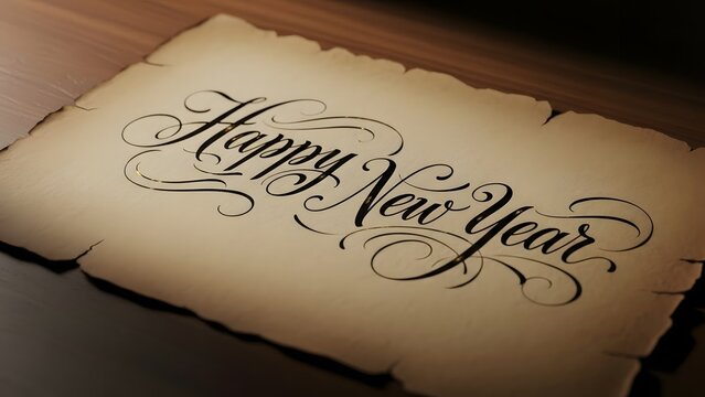 Happy new year calligraphy on aged parchment paper - Powered by Adobe