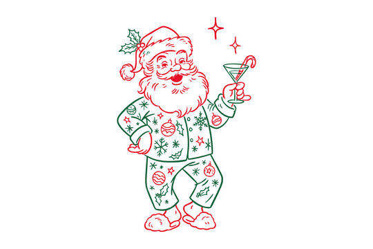 Festive santa claus in holiday pajamas holding a candy cane martini, retro christmas vector art isolated on transparent background, 