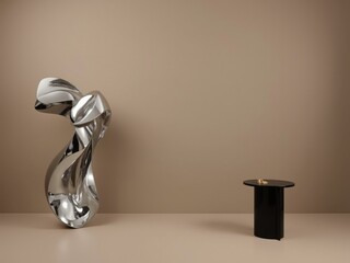 Modern interior design featuring a sleek abstract sculpture and a minimalist black side table