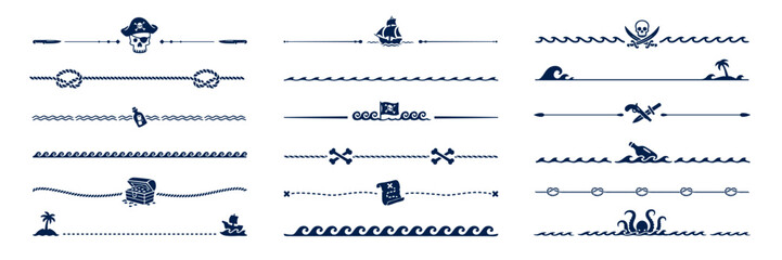 Caribbean pirate decoration dividers and frame borders, nautical corsair trims. Vector set of navy blue separators with sail ship, bottles, skulls, treasure maps, chests, sea waves, octopus and palms © Buch&Bee