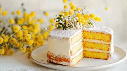 Video A piece of cake with a slice removed from the top, on a white surface