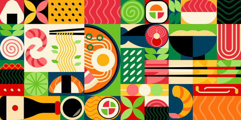 Japanese cuisine geometric pattern featuring japan food items like sushi, ramen, shrimp, soy sauce and chopsticks in colorful grid or modular background with bold shapes. Vector Asian restaurant tile
