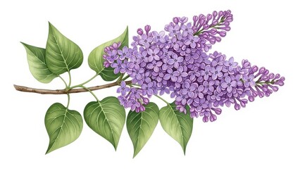Beautiful watercolor illustration of a vibrant purple lilac branch with green leaves, isolated on a white background.