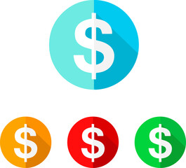 Dollar currency long shadow flat icons set, colorful vector symbols