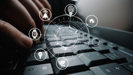 Home security icons show smart home, surveillance, and safety devices. Home security ensures...