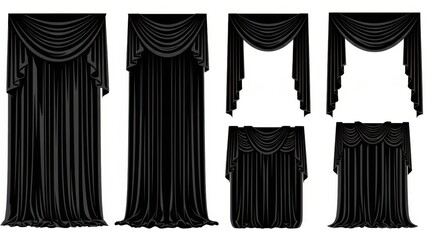 Black velvet curtains with drapes and pelmets set isolated on white background.