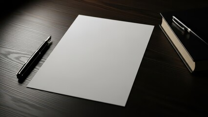 Blank white paper sheet with pen and book on dark wooden table.