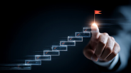 Hand pointing at digital staircase with red checkmarks and flag business success