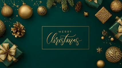 Luxury Merry Christmas card design, top view. Elegant gold script framed on deep emerald green background, surrounded by golden ornaments, pine cones, gifts, and festive decor.