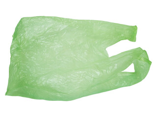 Fototapeta premium Green disposable shopping bag isolated on a transparent background. Real Low-Density Polyethylene plastic bag. LDPE shopper, plastic waste and pollution.